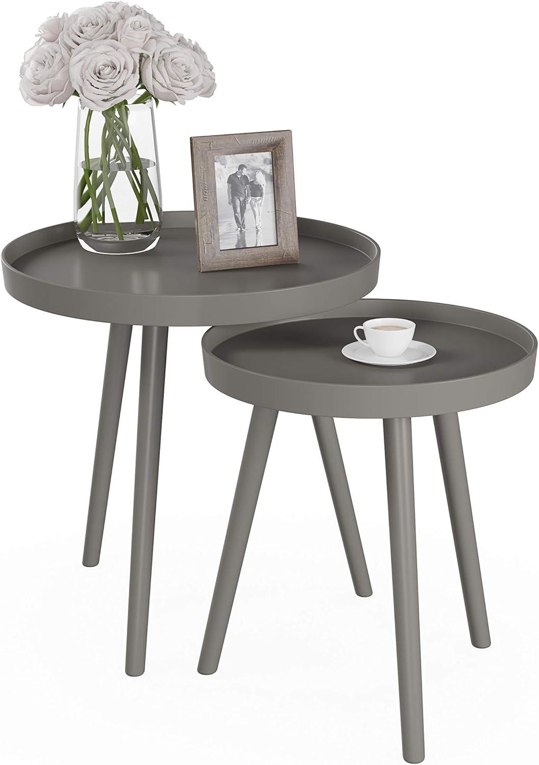 imageNesting Side Tables Set of 2 Round End Tables for Living Room Bedroom or Home Office Accent Table Set with Tray Tops MidCentury Modern Living Room Furniture by Lavish Home Gray