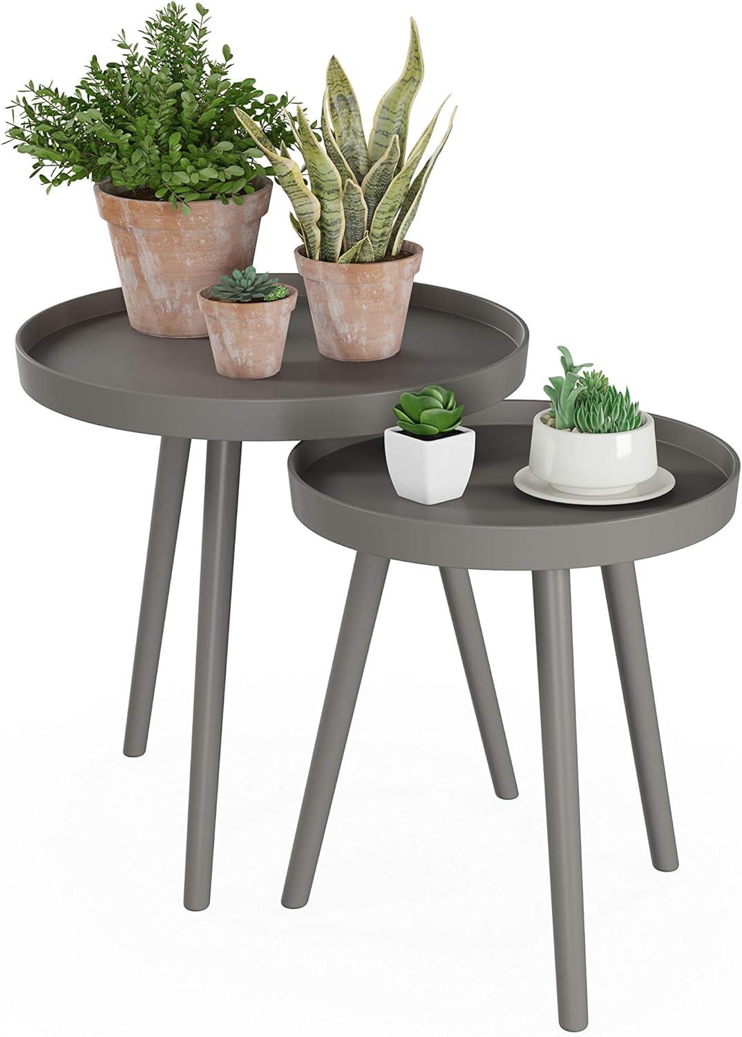 imageNesting Side Tables Set of 2 Round End Tables for Living Room Bedroom or Home Office Accent Table Set with Tray Tops MidCentury Modern Living Room Furniture by Lavish Home Gray