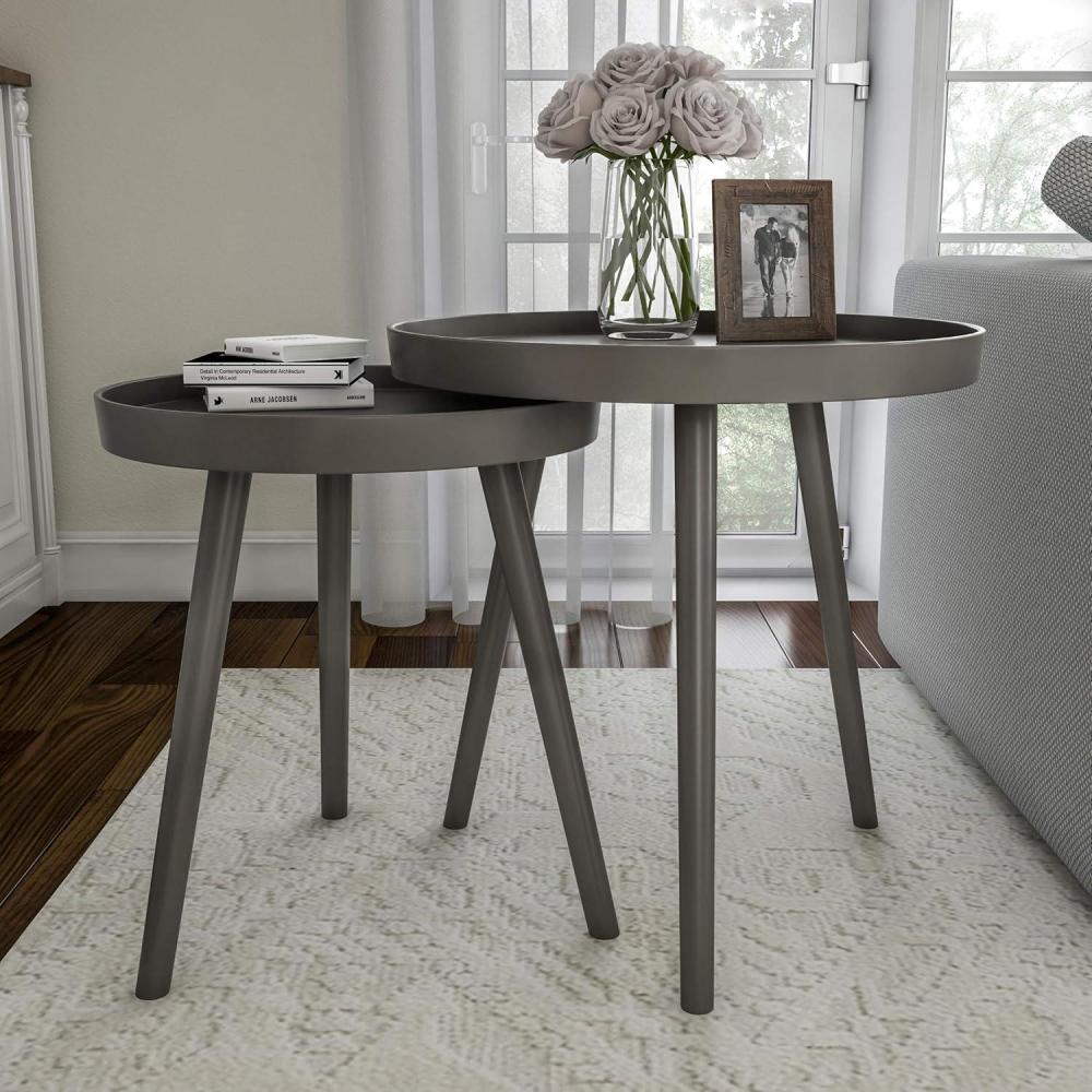 imageNesting Side Tables Set of 2 Round End Tables for Living Room Bedroom or Home Office Accent Table Set with Tray Tops MidCentury Modern Living Room Furniture by Lavish Home Gray