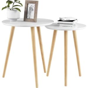 Nesting Side Tables – Set of 2 Round End Tables for Living Room, Bedroom, or Home Office – Accent Table Set with Tray Tops – Mid-Century Modern Living Room Furniture by Lavish Home (White)(White/Natural)