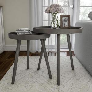 Nesting Side Tables – Set of 2 Round End Tables for Living Room, Bedroom, or Home Office – Accent Table Set with Tray Tops – Mid-Century Modern Living Room Furniture by Lavish Home (Gray)