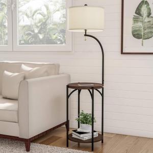 Floor Lamp End Table- Modern Rustic Side Table with Drum Shaped Shade, LED Light Bulb Included, USB Charging Port and Storage Shelf by Lavish Home(Dark Brown  Black and Off-White)