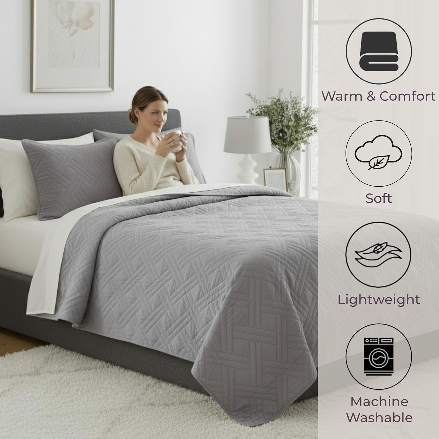 imageLavish Home Twin Size Quilt Bedding Coverlet AllSeason Washable Lightweight Quilt Bedspread BasketWeave Polyester Bedding with Quilted Blanket Pattern Gray