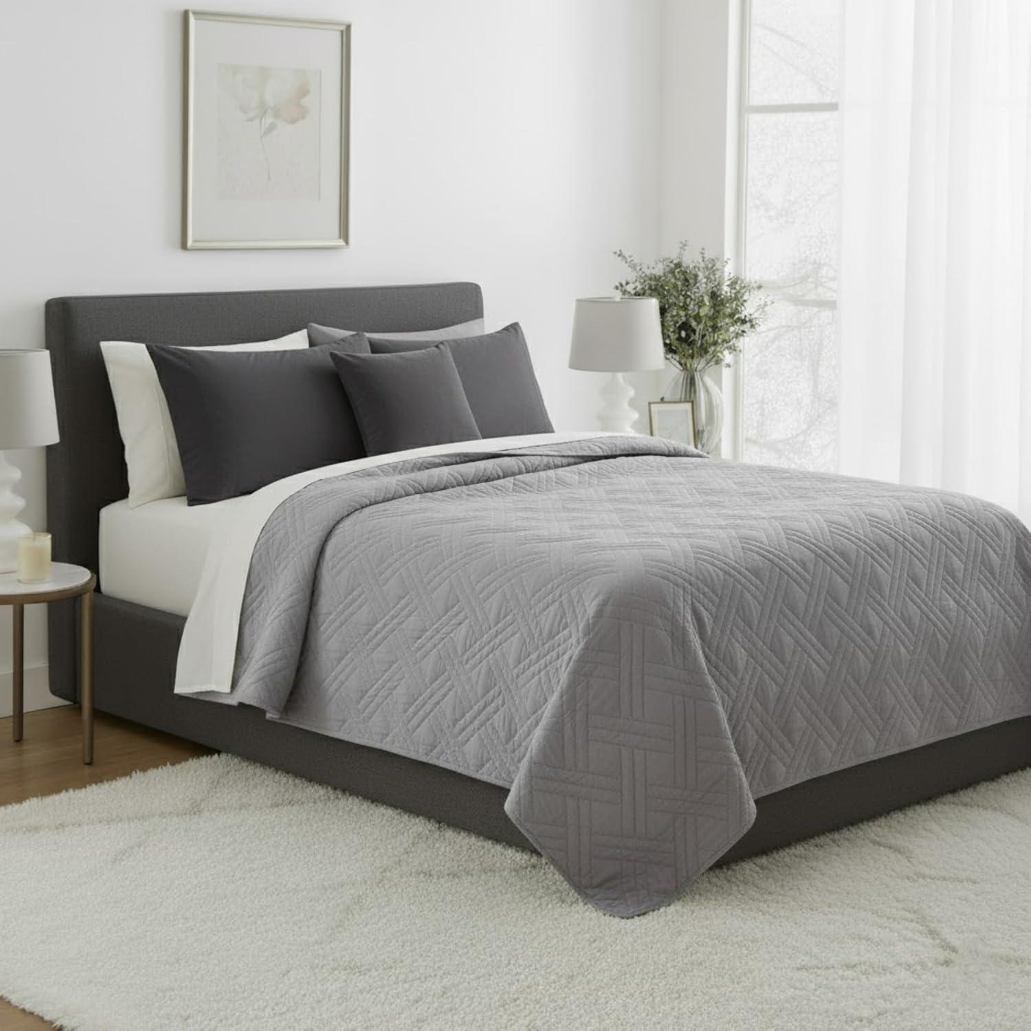 imageLavish Home Twin Size Quilt Bedding Coverlet AllSeason Washable Lightweight Quilt Bedspread BasketWeave Polyester Bedding with Quilted Blanket Pattern Gray