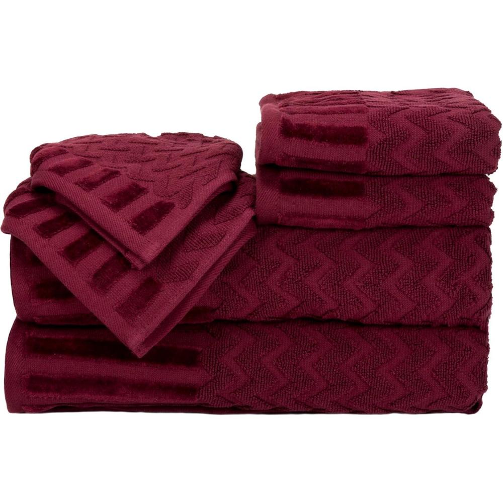 imageLavish Home 6Piece Cotton Deluxe Plush Bath Towel Set Chevron Pattern Plush Sculpted Spa Luxury Decorative Body Hand and Face Towels Burgundy 27x54x025
