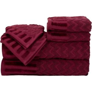Lavish Home 6-Piece Cotton Deluxe Plush Bath Towel Set – Chevron Pattern Plush Sculpted Spa Luxury Decorative Body, Hand and Face Towels (Burgundy) , 27″x54″x0.25″