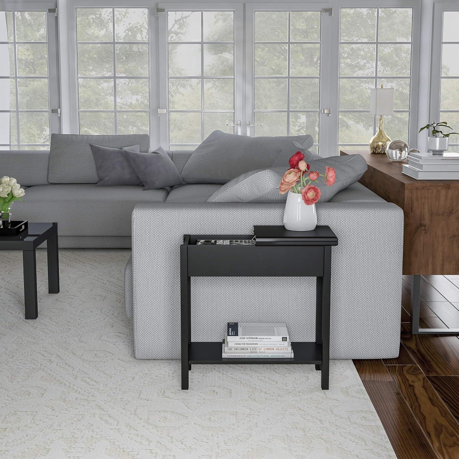 imageFlip Top End Table Narrow Side Table with Hidden Hinged Storage Cabinet and Lower Shelf for Living Room Bedroom or Entryway by Lavish Home GrayBlack