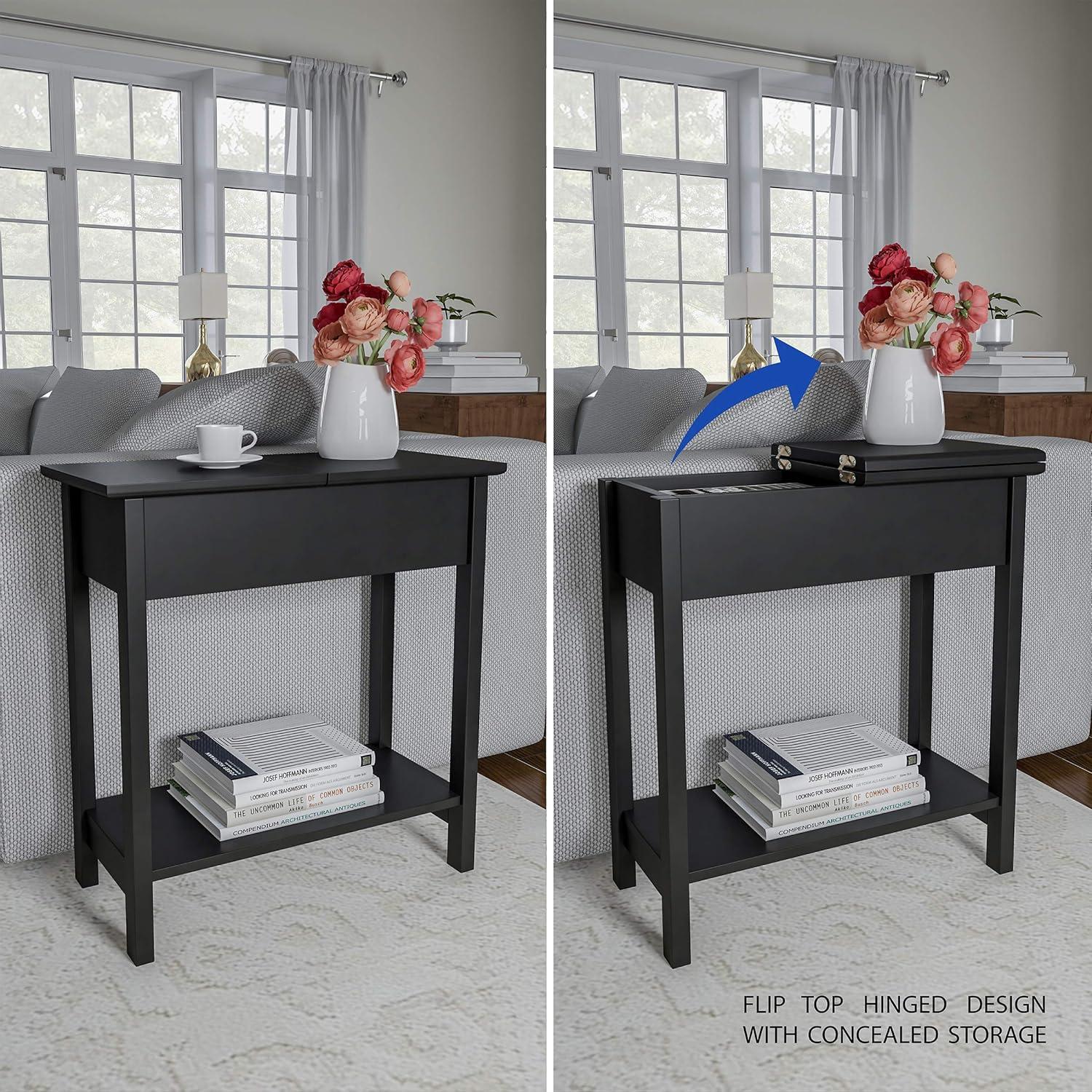imageFlip Top End Table Narrow Side Table with Hidden Hinged Storage Cabinet and Lower Shelf for Living Room Bedroom or Entryway by Lavish Home GrayBlack