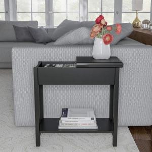 Flip Top End Table – Narrow Side Table with Hidden Hinged Storage Cabinet and Lower Shelf for Living Room, Bedroom, or Entryway by Lavish Home (Gray)(Black)