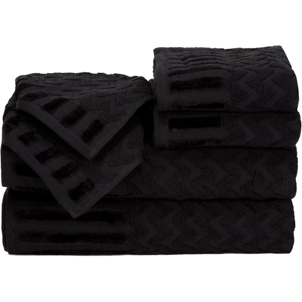 image6Piece Cotton Deluxe Plush Bath Towel Set Chevron Patterned Plush Sculpted Spa Luxury Decorative Body Hand and Face Towels by Lavish Home Black
