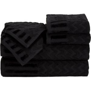 6-Piece Cotton Deluxe Plush Bath Towel Set – Chevron Patterned Plush Sculpted Spa Luxury Decorative Body, Hand and Face Towels by Lavish Home (Black)