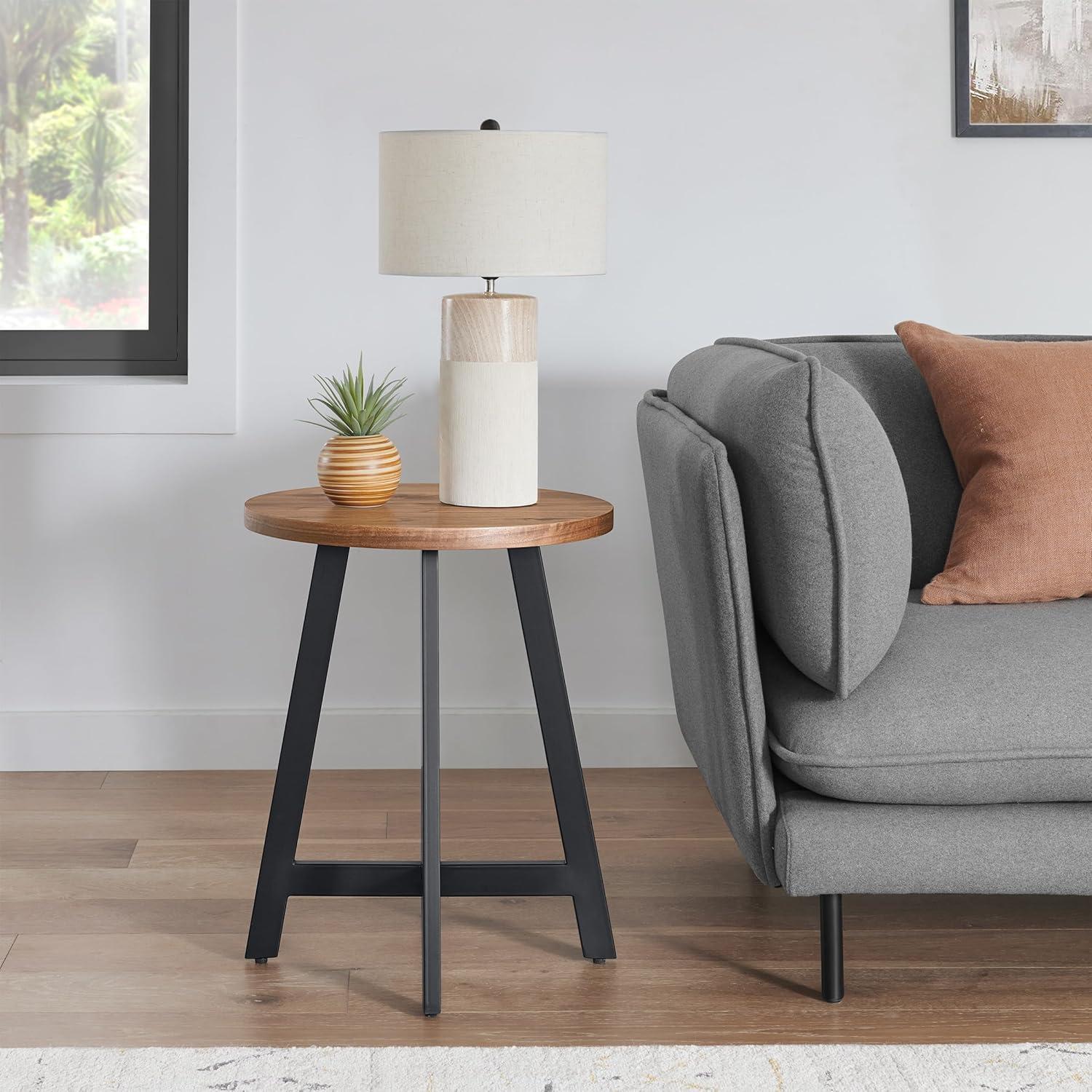 imageLavish Home End Table Industrial Side Table with MDF Top and Metal Frame Round Table for Living Room Bedroom Hallway or Dorm Room Walnut