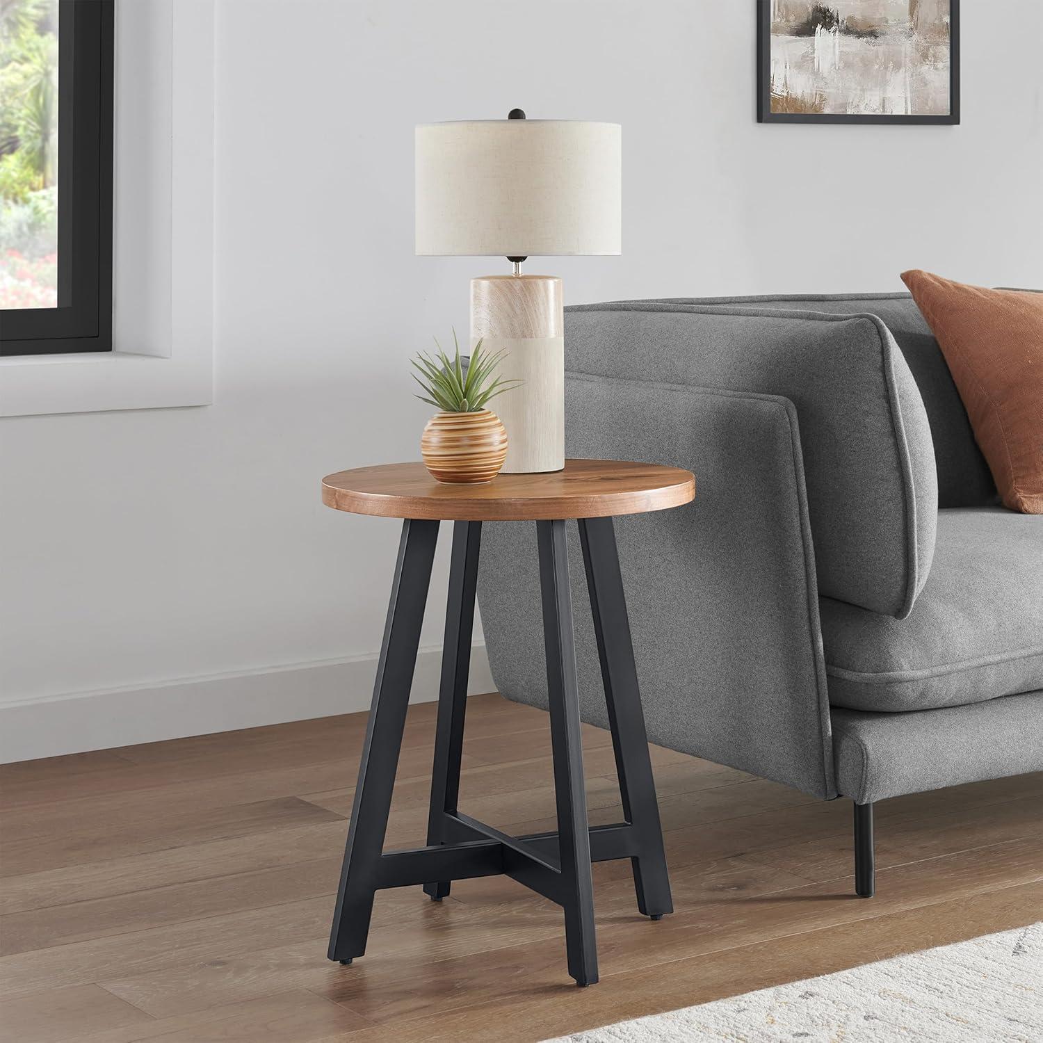 imageLavish Home End Table Industrial Side Table with MDF Top and Metal Frame Round Table for Living Room Bedroom Hallway or Dorm Room Walnut