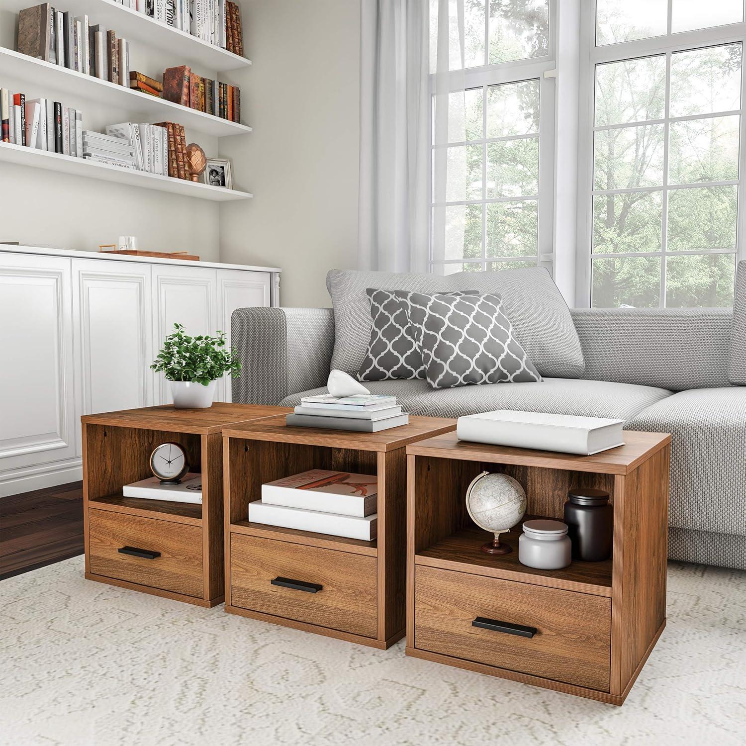 imageLavish Home Side Table with Storage Minimalist Modern Nightstand or End Table with Drawer Stackable Modular Accent Furniture for Bedroom Living Room or Office Brown Woodgrain