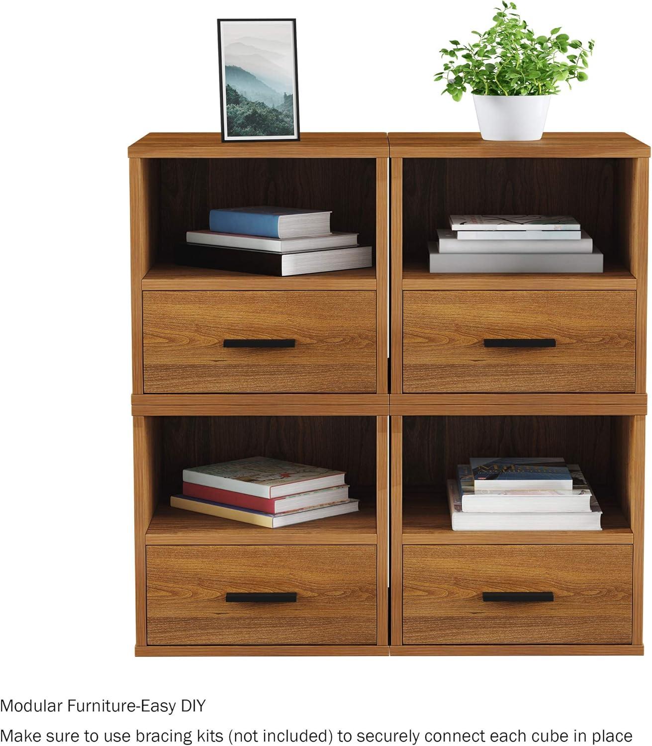 imageLavish Home Side Table with Storage Minimalist Modern Nightstand or End Table with Drawer Stackable Modular Accent Furniture for Bedroom Living Room or Office Brown Woodgrain