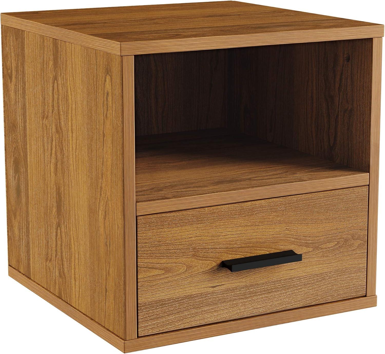 imageLavish Home Side Table with Storage Minimalist Modern Nightstand or End Table with Drawer Stackable Modular Accent Furniture for Bedroom Living Room or Office Brown Woodgrain