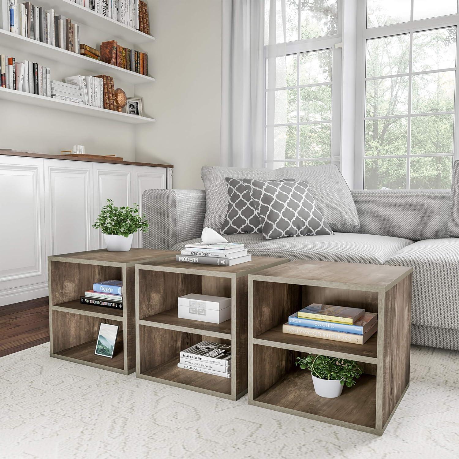 imageStackable Cube End Table Contemporary Minimalist Modular Accent Piece with 2 Shelves for Bedroom Living Room or Office by Lavish Home GrayGrey