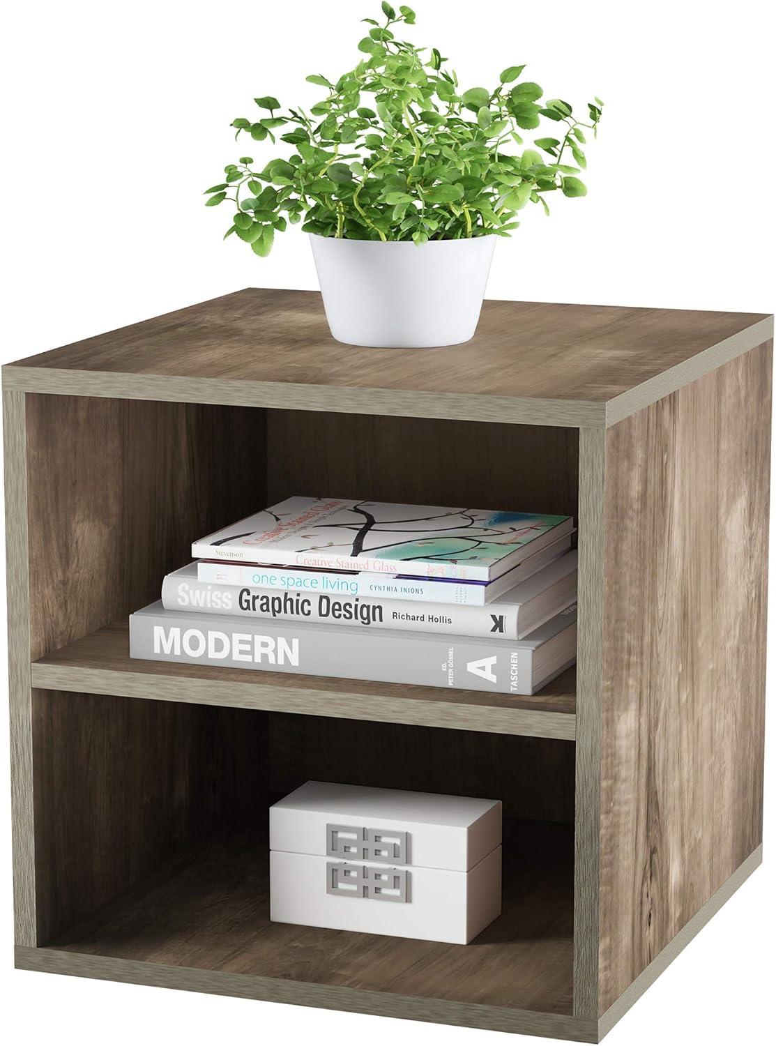 imageStackable Cube End Table Contemporary Minimalist Modular Accent Piece with 2 Shelves for Bedroom Living Room or Office by Lavish Home GrayGrey