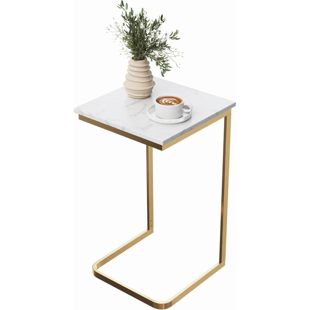 imageLavish Home CShaped End Table Marble Side Table with Gold Iron Frame 26 TallWhite