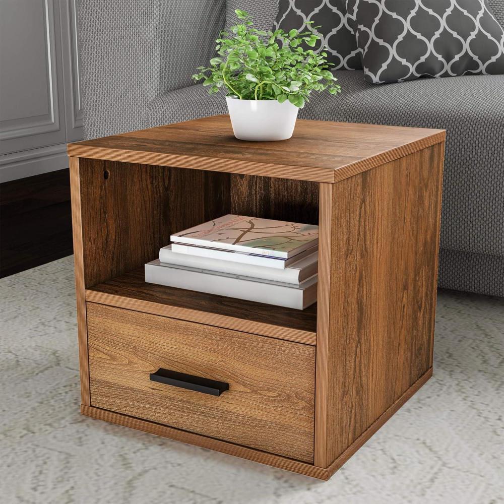 imageLavish Home Side Table with Storage Minimalist Modern Nightstand or End Table with Drawer Stackable Modular Accent Furniture for Bedroom Living Room or Office Brown Woodgrain