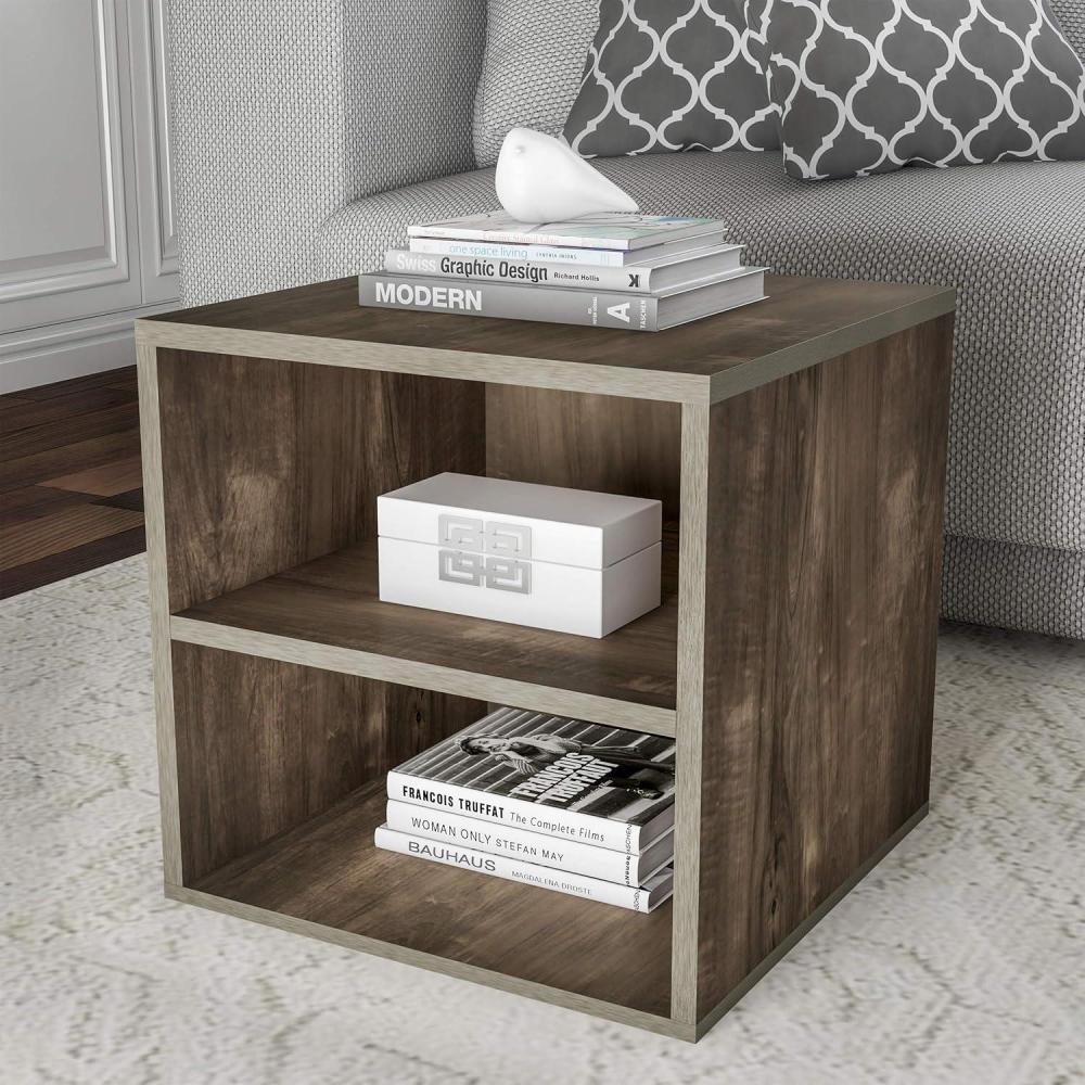 imageStackable Cube End Table Contemporary Minimalist Modular Accent Piece with 2 Shelves for Bedroom Living Room or Office by Lavish Home GrayGrey