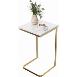 Lavish Home C-Shaped End Table- Marble Side Table with Gold Iron Frame 26 Tall(White)