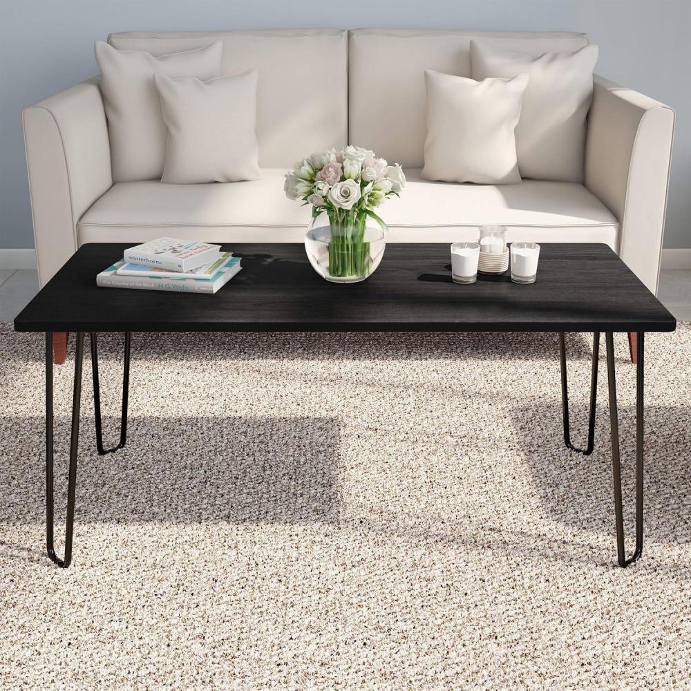imageLavish Home Small Space Coffee Table with Hairpin Legs Minimalist Industrial Living Room Table with WoodgrainLook Top and Steel Legs Black