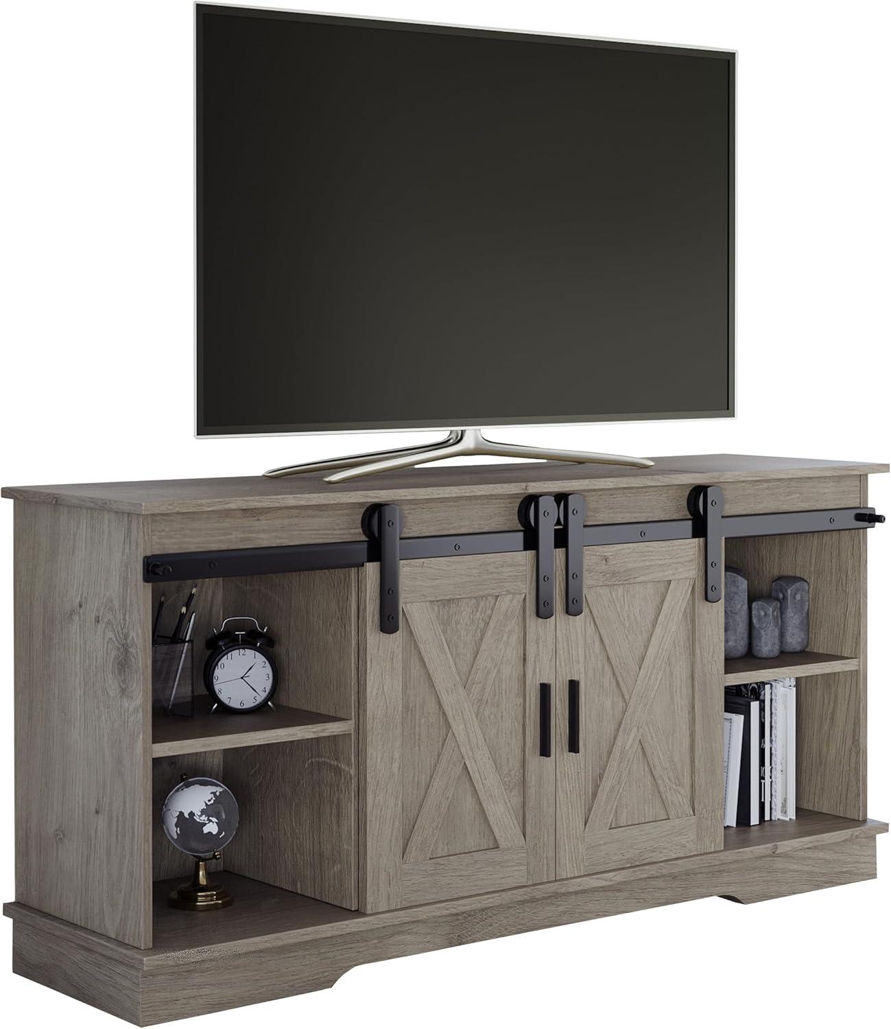 imageLavish Home TV Stand 65Inch Entertainment Center with Media Console Shelves Cable Management and Sliding XStyle Barn Doors Gray Woodgrain