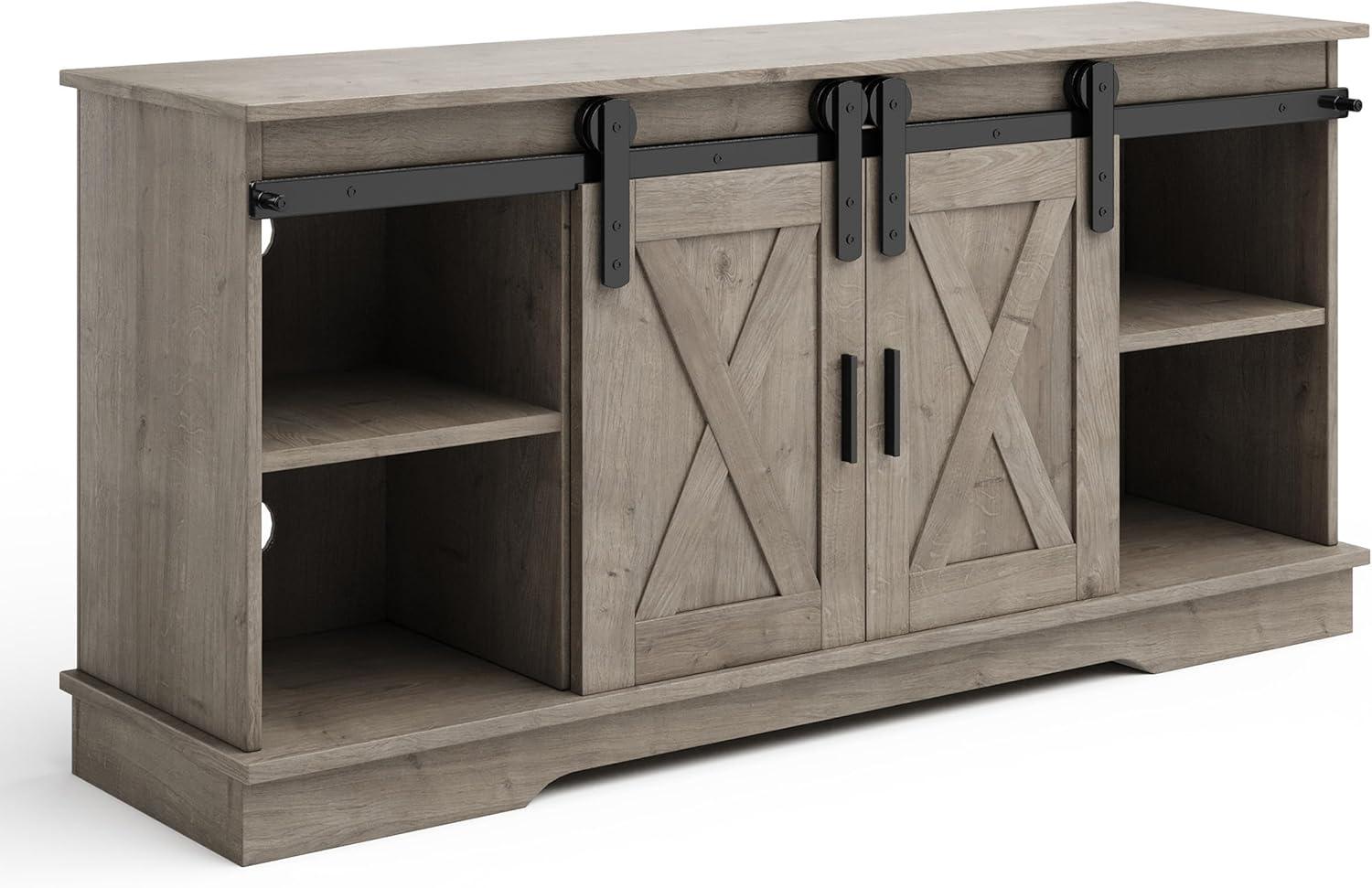 imageLavish Home TV Stand 65Inch Entertainment Center with Media Console Shelves Cable Management and Sliding XStyle Barn Doors Gray Woodgrain