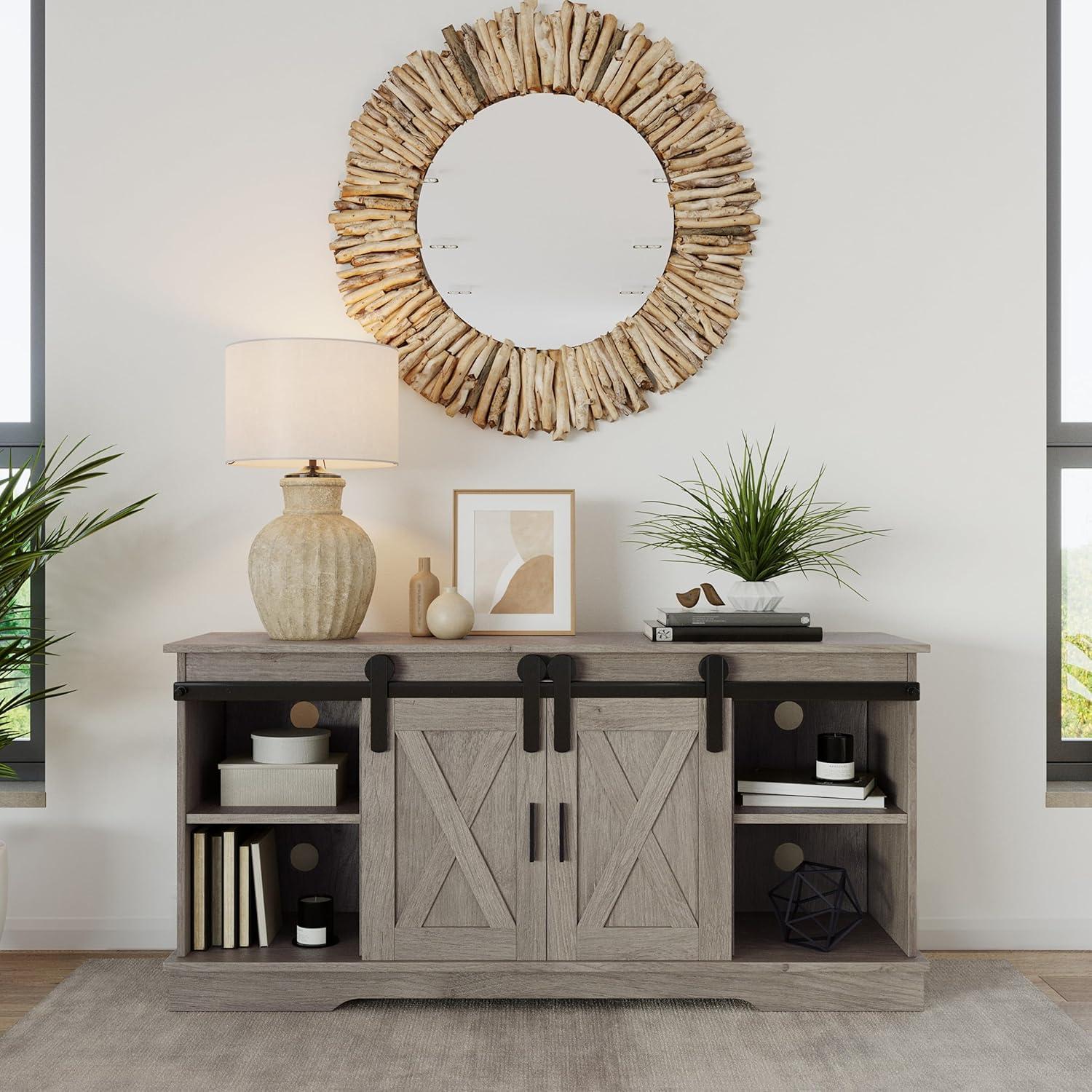 imageLavish Home TV Stand 65Inch Entertainment Center with Media Console Shelves Cable Management and Sliding XStyle Barn Doors Gray Woodgrain