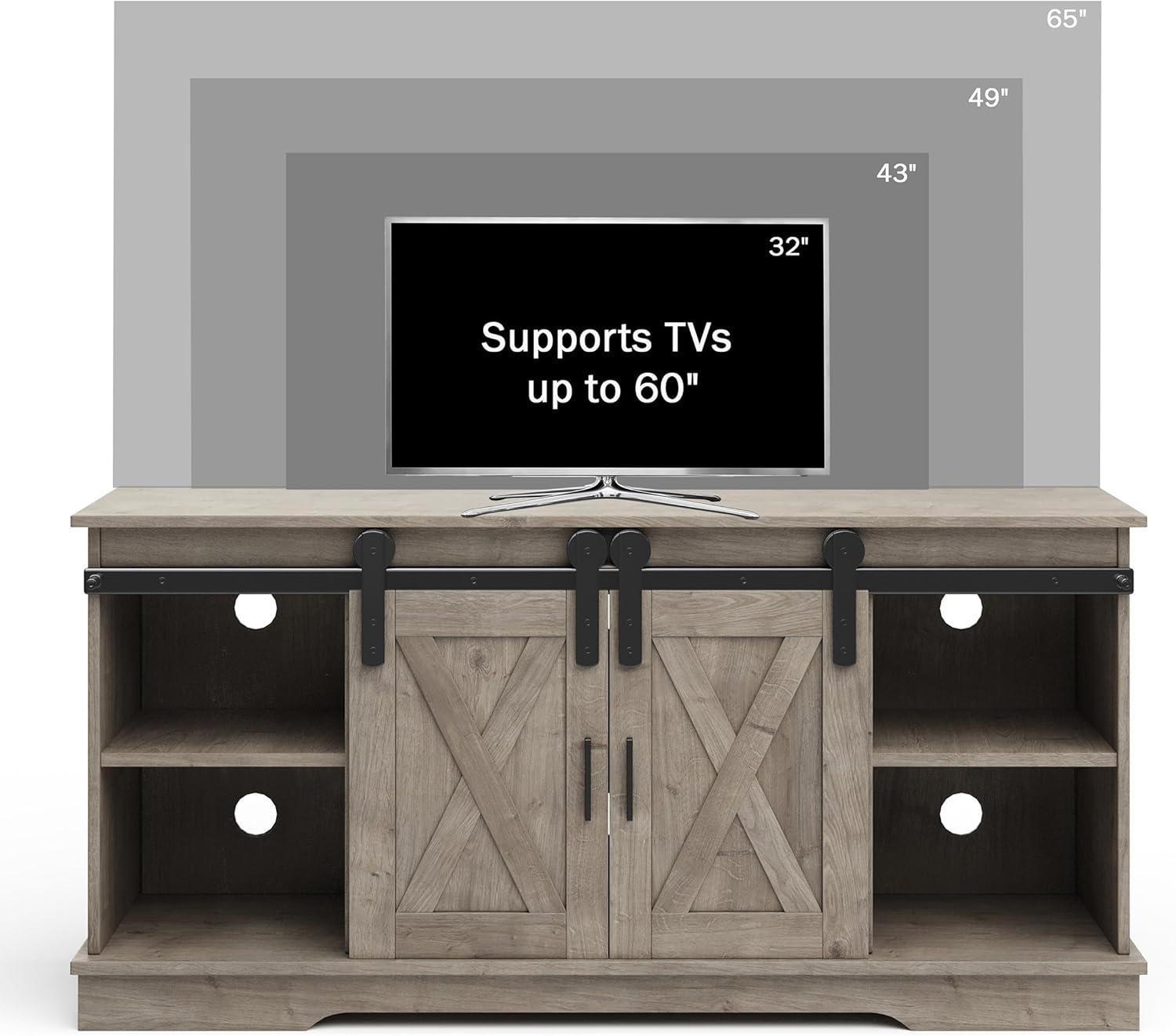 imageLavish Home TV Stand 65Inch Entertainment Center with Media Console Shelves Cable Management and Sliding XStyle Barn Doors Gray Woodgrain