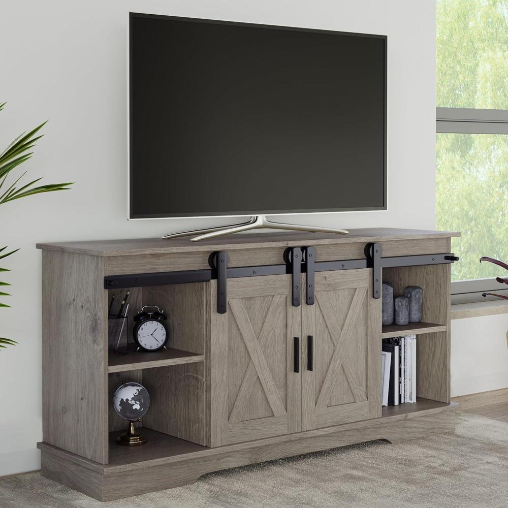 imageLavish Home TV Stand 65Inch Entertainment Center with Media Console Shelves Cable Management and Sliding XStyle Barn Doors Gray Woodgrain