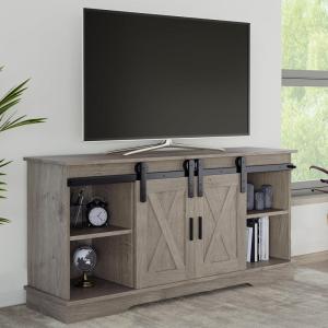 Lavish Home TV Stand – 65-Inch Entertainment Center with Media Console Shelves, Cable Management, and Sliding X-Style Barn Doors (Gray Woodgrain)