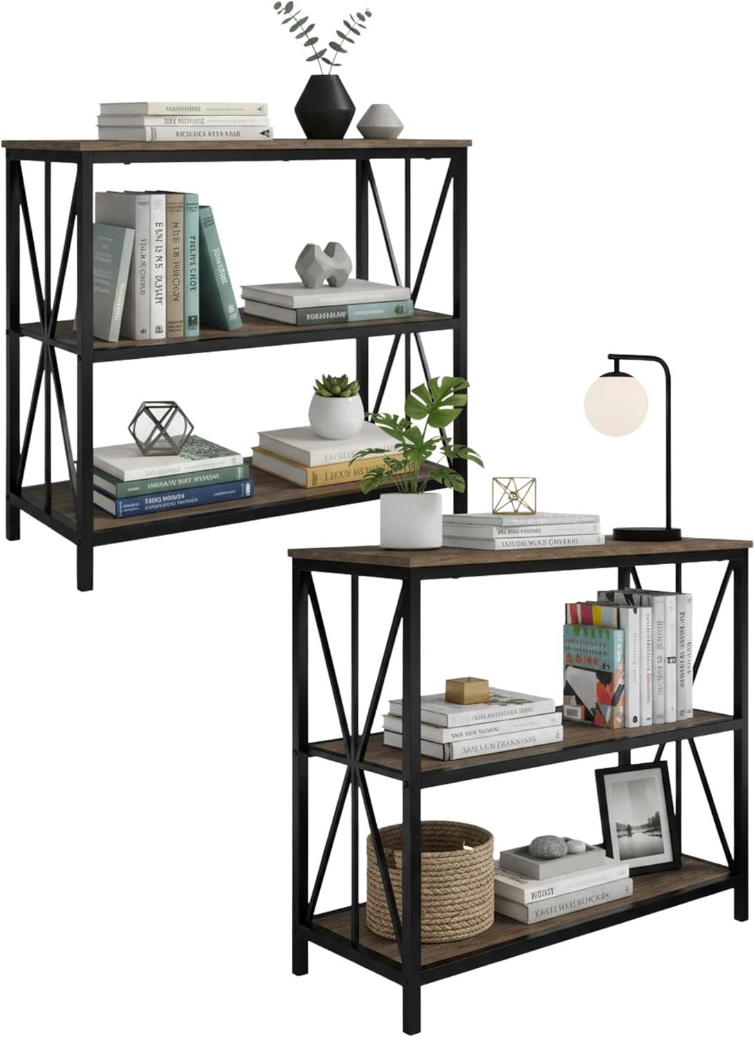 imageLavish Home 3Tier Industrial Bookshelf Freestanding Open Bookcase for Home or Office Organization and Storage Book Organizer Brown WoodgrainSet of 2