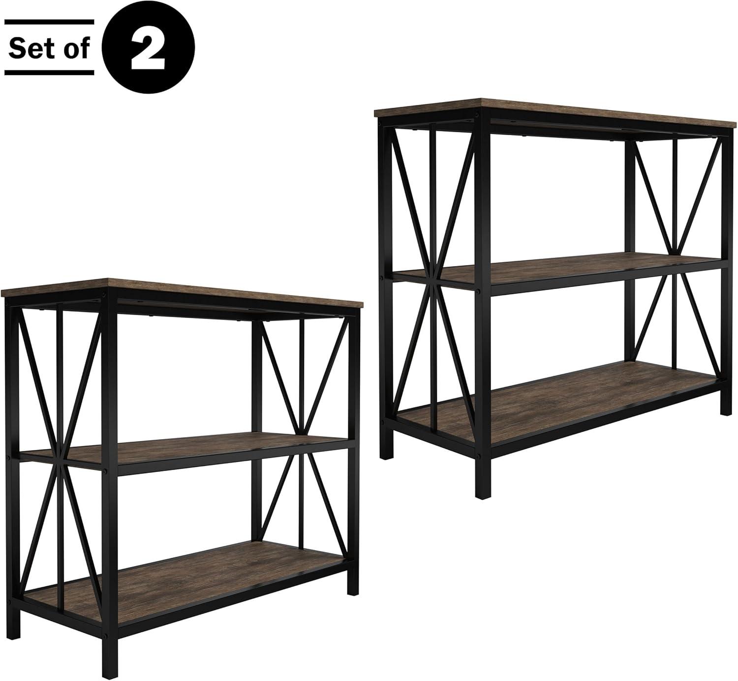 imageLavish Home 3Tier Industrial Bookshelf Freestanding Open Bookcase for Home or Office Organization and Storage Book Organizer Brown WoodgrainSet of 2