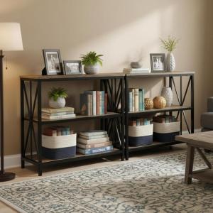 Lavish Home 3-Tier Industrial Bookshelf – Freestanding Open Bookcase for Home or Office Organization and Storage – Book Organizer (Brown Woodgrain)(Set of 2)