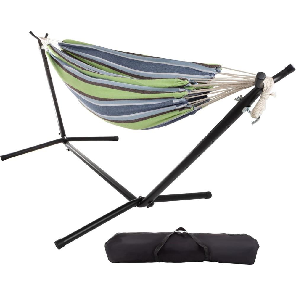 imageDouble Brazilian Hammock with Stand Included Woven Cotton 2Person Outdoor Swing with Frame for Camping Backyard or Patio by Pure Garden