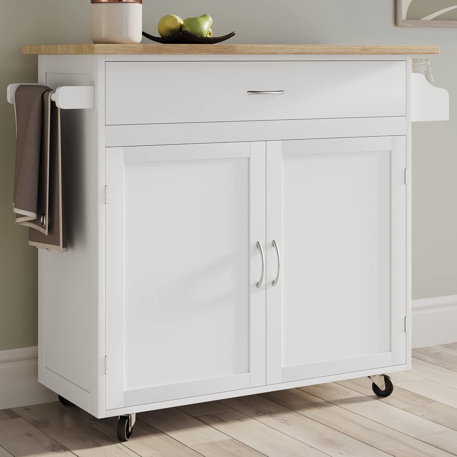 imageLavish Home Kitchen Island with Spice Rack and Storage Cabinet Rolling Cart with Drawers for Coffee Bar Additional Counter Space or Storage White