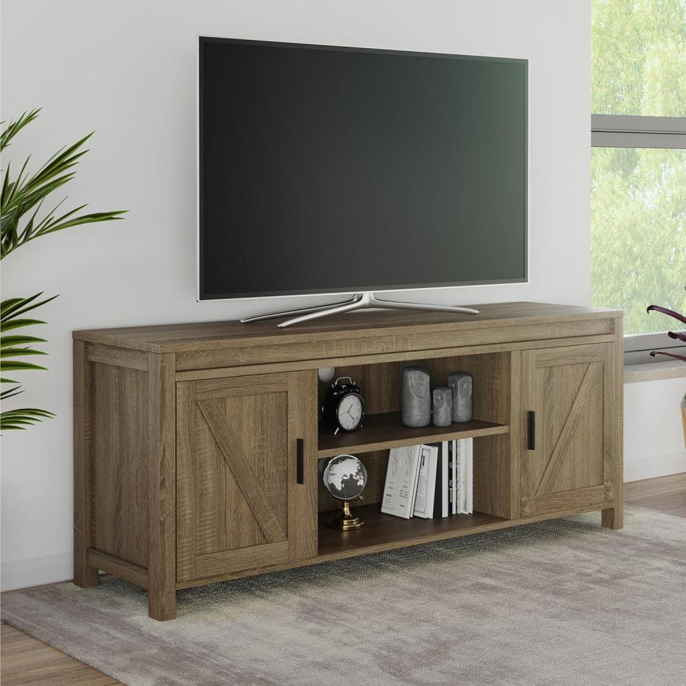 imageLavish Home 65inch TV Stand 2Door Entertainment Center Adjustable Media Console Shelves Cable Management and Farmhouse Style Gray WoodgrainGray Woodgrain