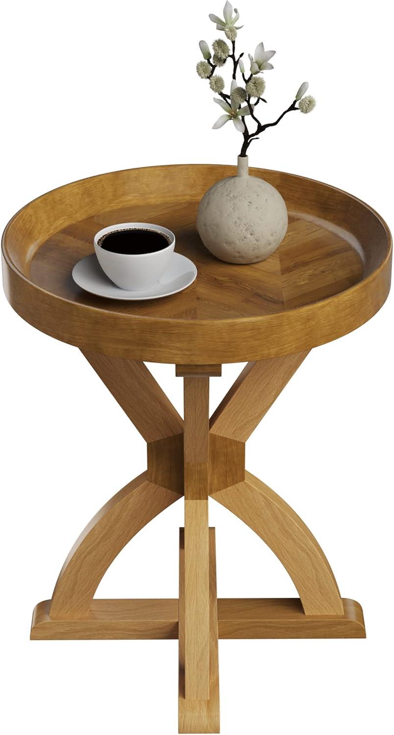 imageLavish Home Side Table Mango Wood Pedestal Table for Couch Loveseat Entryway or Bed Farmhouse Living Room Furniture Natural