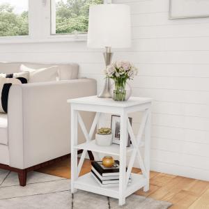 Wooden End Table – Modern Style Sofa Side Table with X-Shape Design and Two Shelves – For Living Room or Bedroom by Lavish Home (Black)(White)