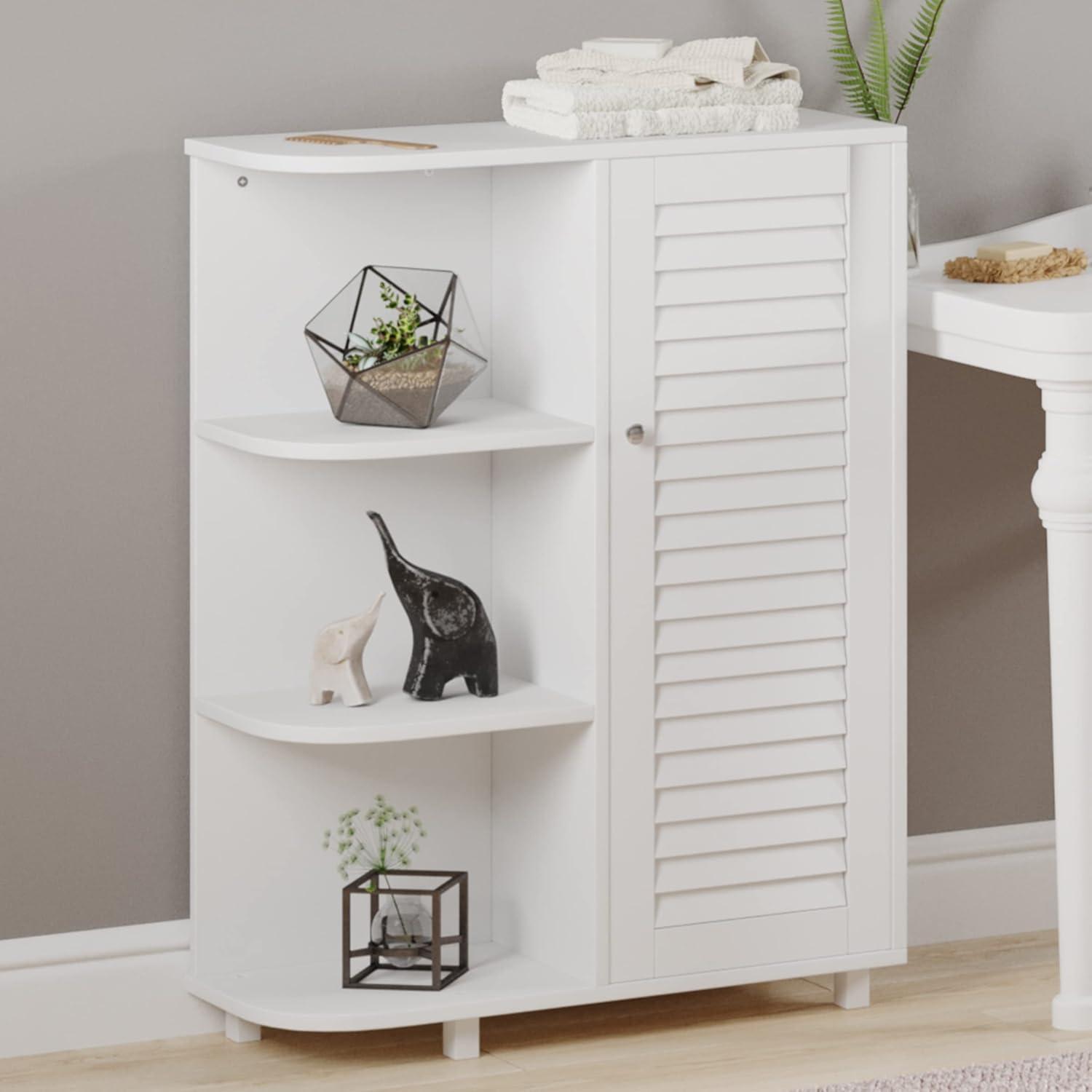 imageFloor Cabinet with Curved Shelves Kitchen or Bathroom Storage Cabinet with Stylish Shutter Door and 3 Open Shelves by Lavish Home White