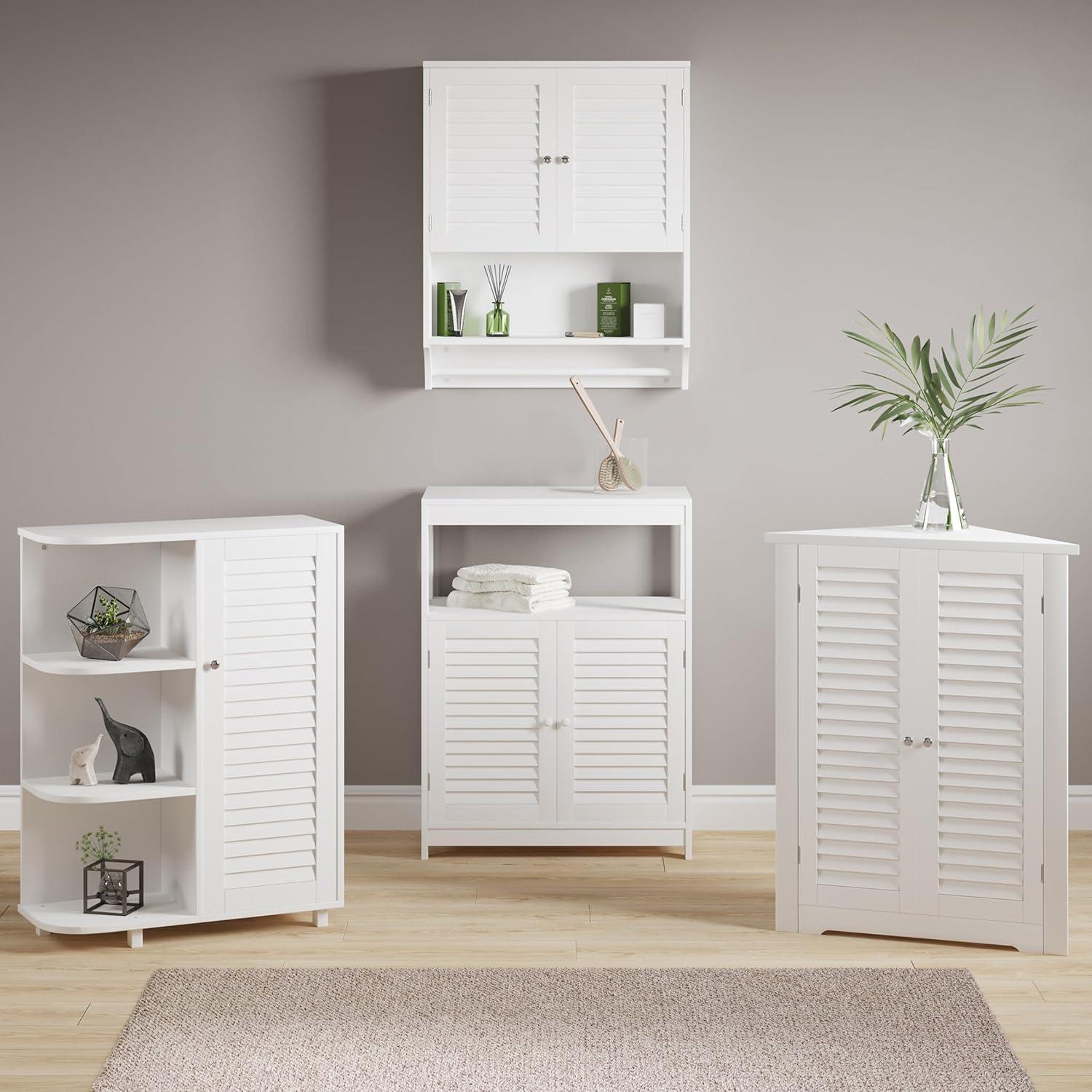 imageFloor Cabinet with Curved Shelves Kitchen or Bathroom Storage Cabinet with Stylish Shutter Door and 3 Open Shelves by Lavish Home White