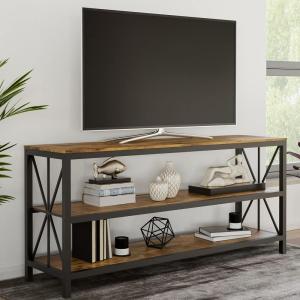 Lavish Home Farmhouse TV Stand – 3-Tier Open Back Entertainment Center for 70-inch Television, Barnwood Media Console Shelves, and Metal Frame