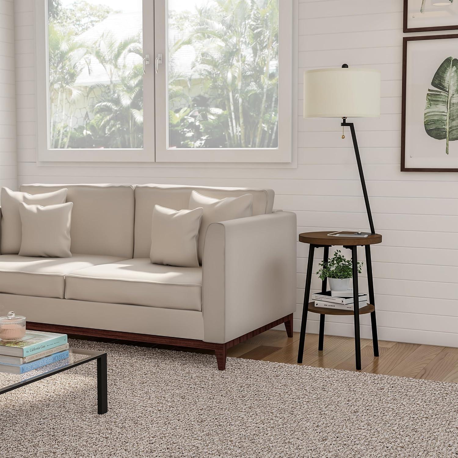 imageFloor Lamp with Table MidCentury Modern Nightstand or Side Table with USB Charging Port and Drum Shade Standing Light with Shelves by Lavish Home