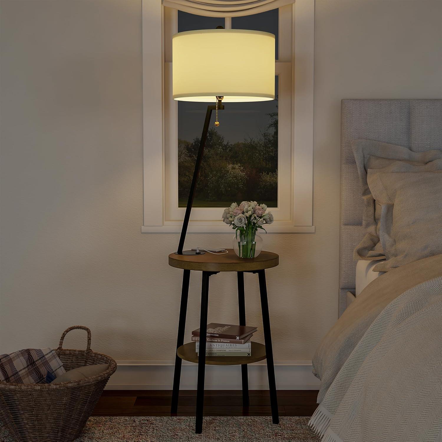 imageFloor Lamp with Table MidCentury Modern Nightstand or Side Table with USB Charging Port and Drum Shade Standing Light with Shelves by Lavish Home