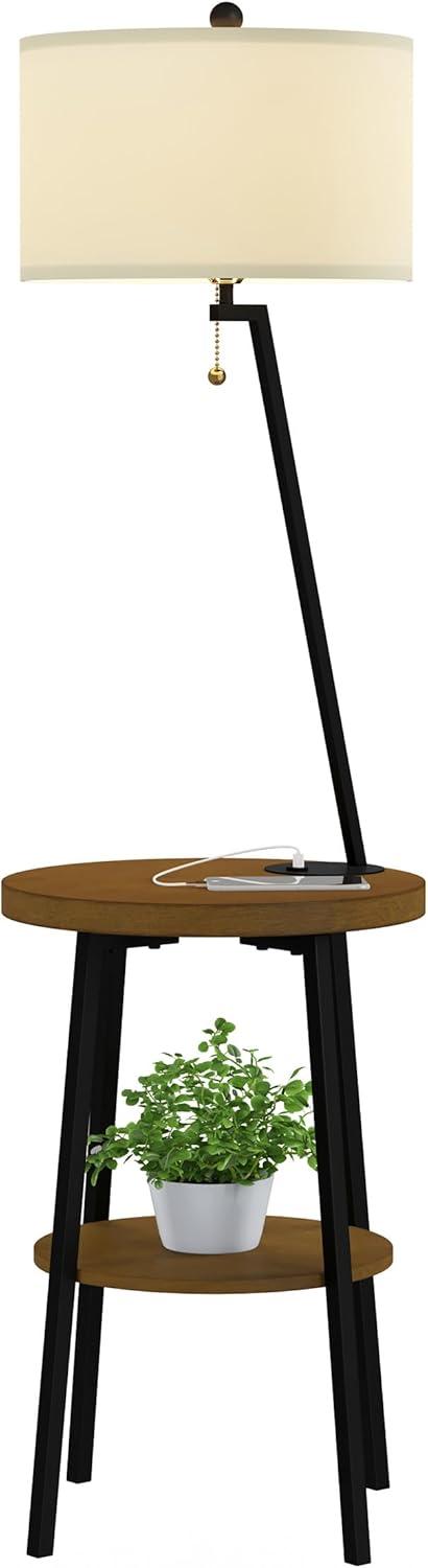 imageFloor Lamp with Table MidCentury Modern Nightstand or Side Table with USB Charging Port and Drum Shade Standing Light with Shelves by Lavish Home