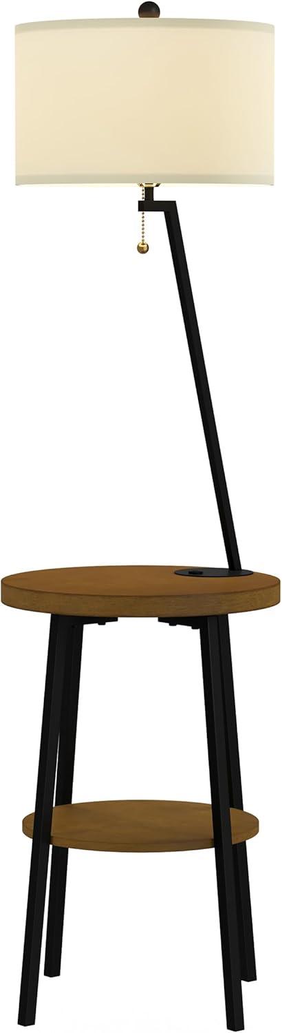 imageFloor Lamp with Table MidCentury Modern Nightstand or Side Table with USB Charging Port and Drum Shade Standing Light with Shelves by Lavish Home