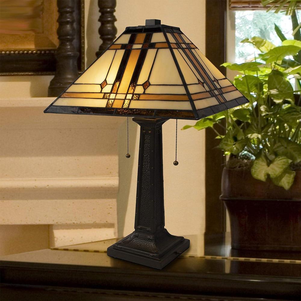 imageLavish Home 72TIFF5 Tiffany Style Table Lamp Mission Design Art Glass Lighting 2 LED Bulbs IncludedVintage Look Handcrafted Accent Decor MulticolorRegular