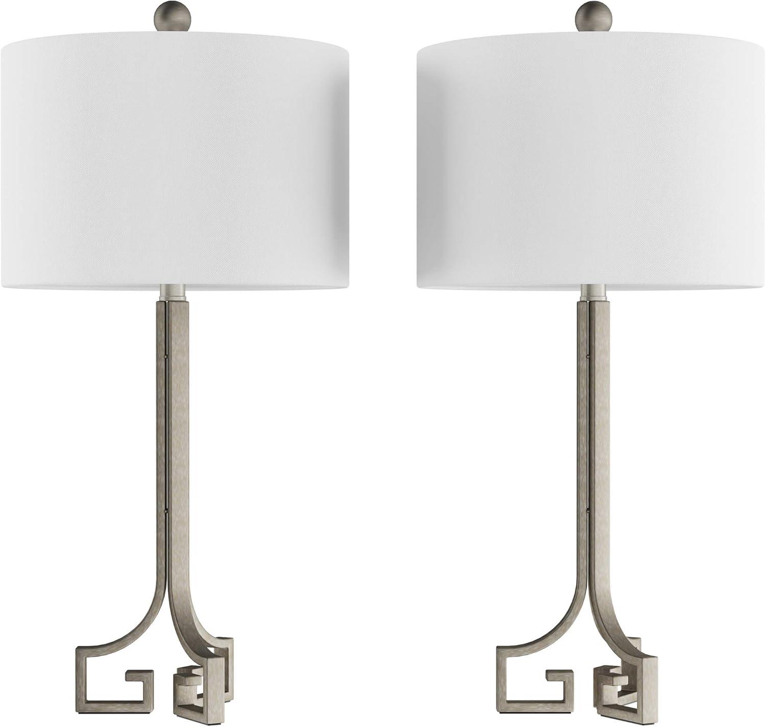 imageLavish Home Greek Key Table LampsSet of 2 Modern Lights with LED BulbsAntique Silver with Ivory Shades for Bedroom Living Room or Office